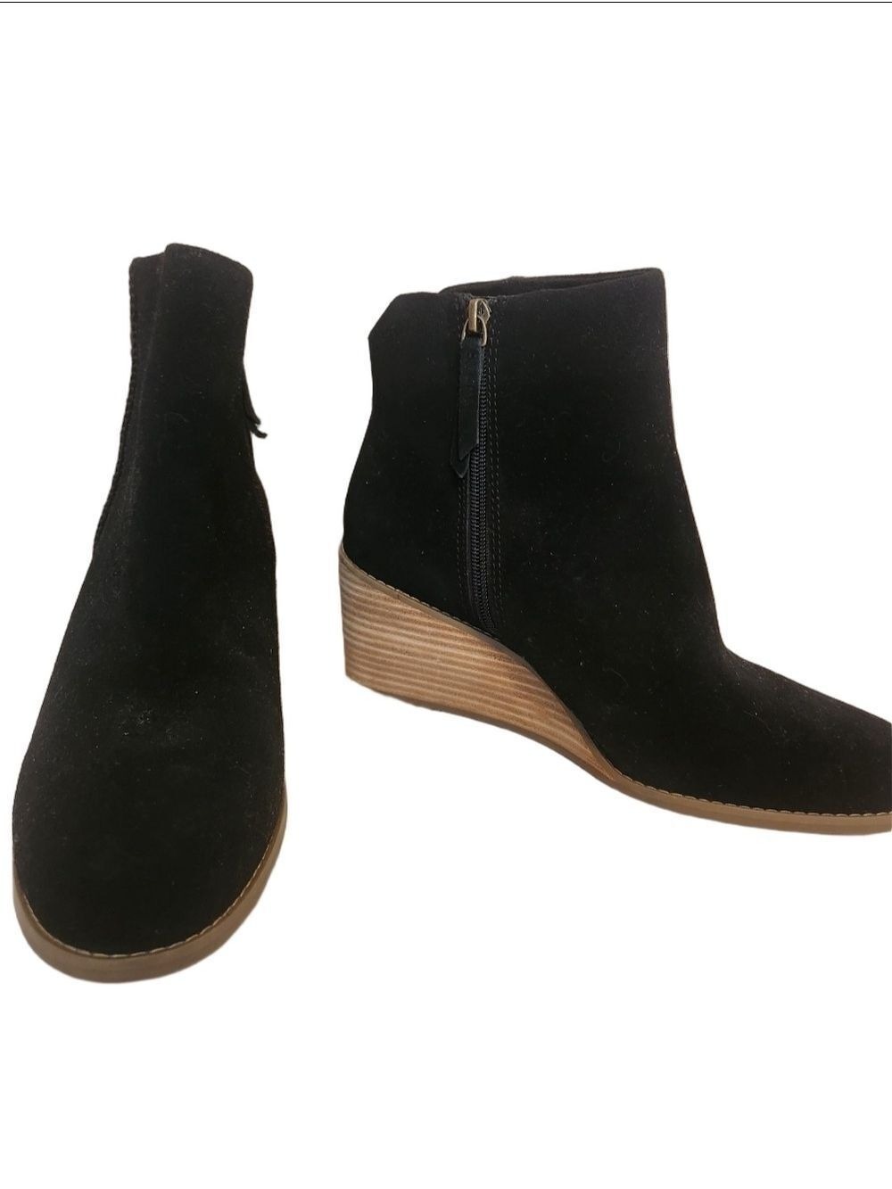 TOMS Leila Black Suede Wedge Ankle Booties Boots  Sz: 11 Womens Zip Up Side